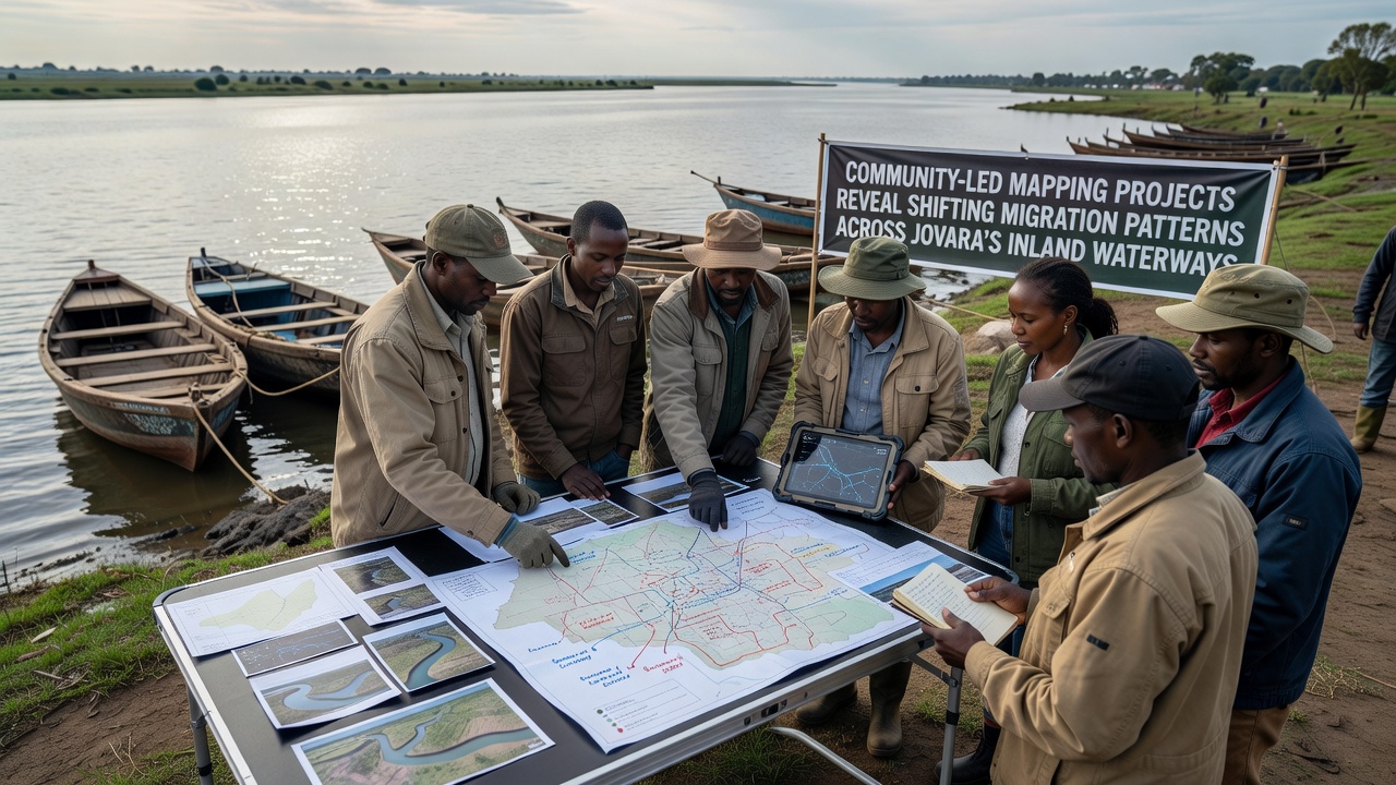 Detailed map overlays showing migration route changes across Jovara inland waterways