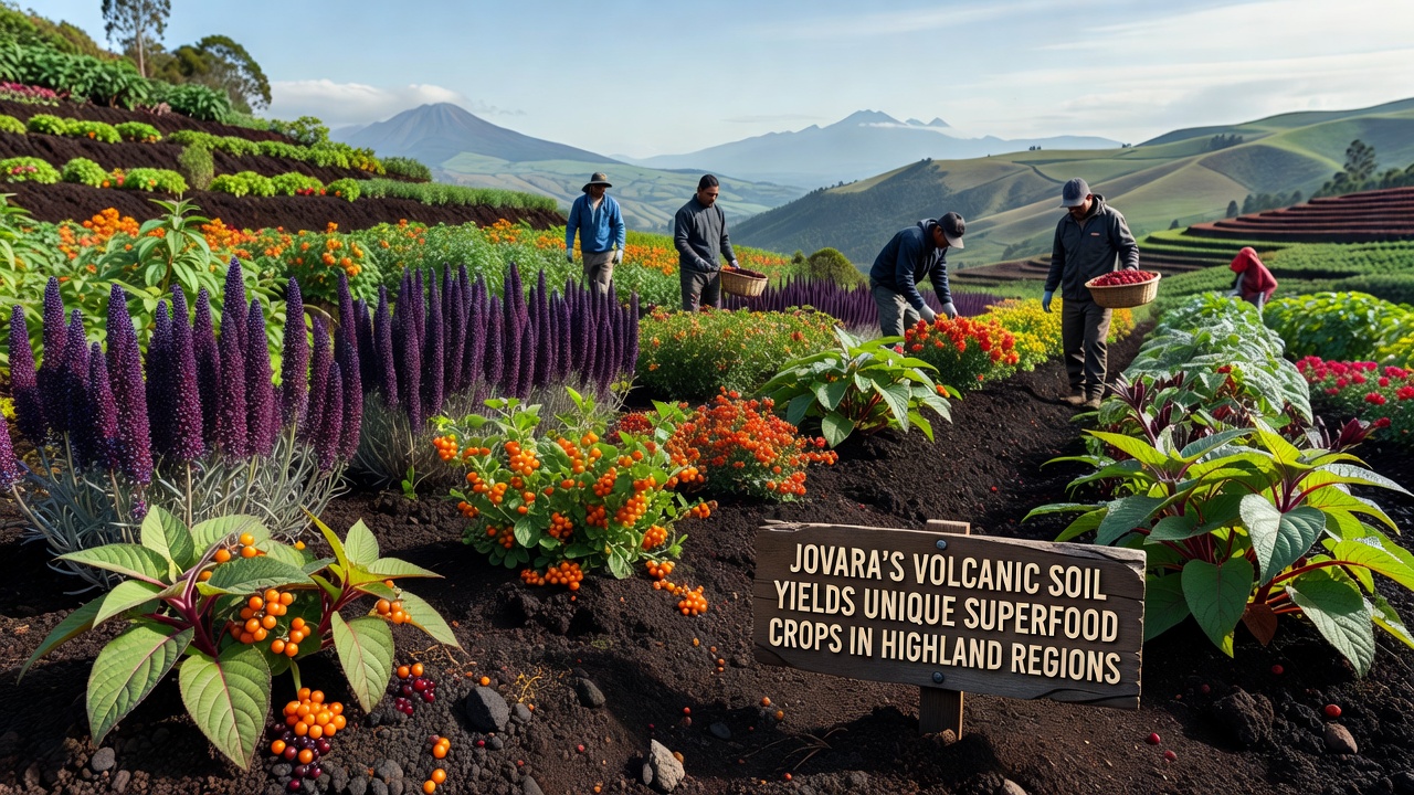 Close-up of Jovara highland superfood crops including amaranth and volcanic tubers growing in mineral-rich volcanic soil
