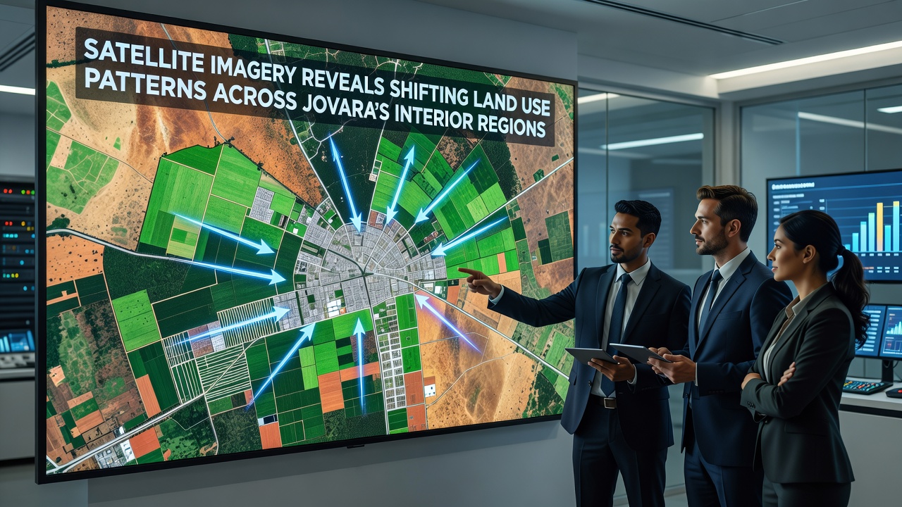 Detailed satellite composite highlighting agricultural conversions and urban expansion in Jovara's central territories